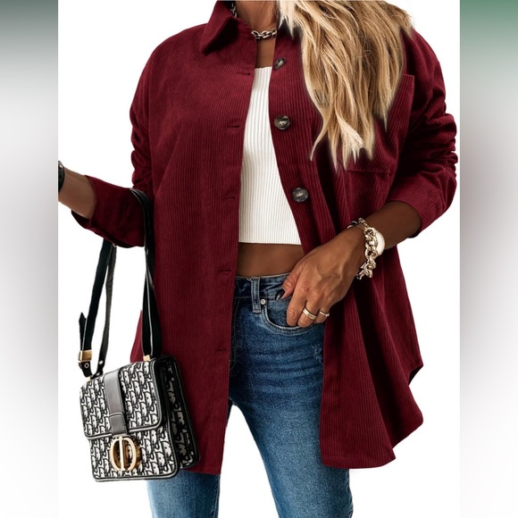 NWOT ZOLUCKY Corduroy Long Sleeve Button Down Shacket in Wine, Size Medium - Picture 2 of 9